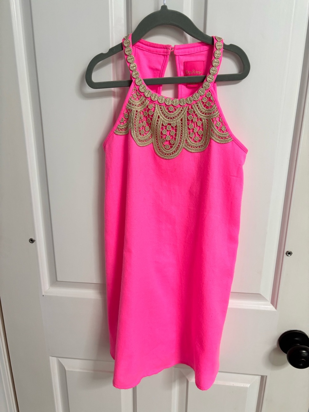 Girls Pink Lilly Pulitzer Style Dress with Gold Neckline- Size 8